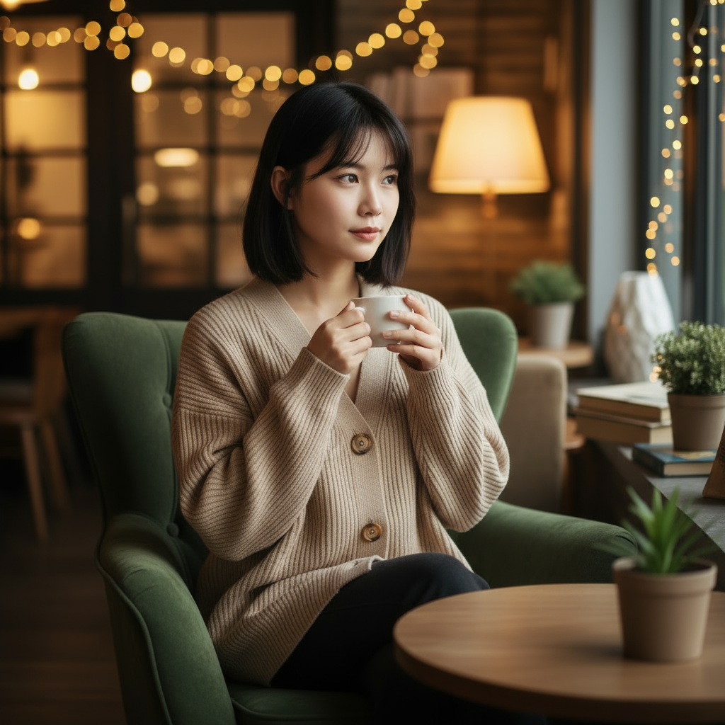 Woman sitting in a cozy room holding a mug, surrounded by warm lighting and decor.