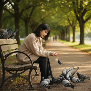Woman sitting on a bench feeding pigeons in a park