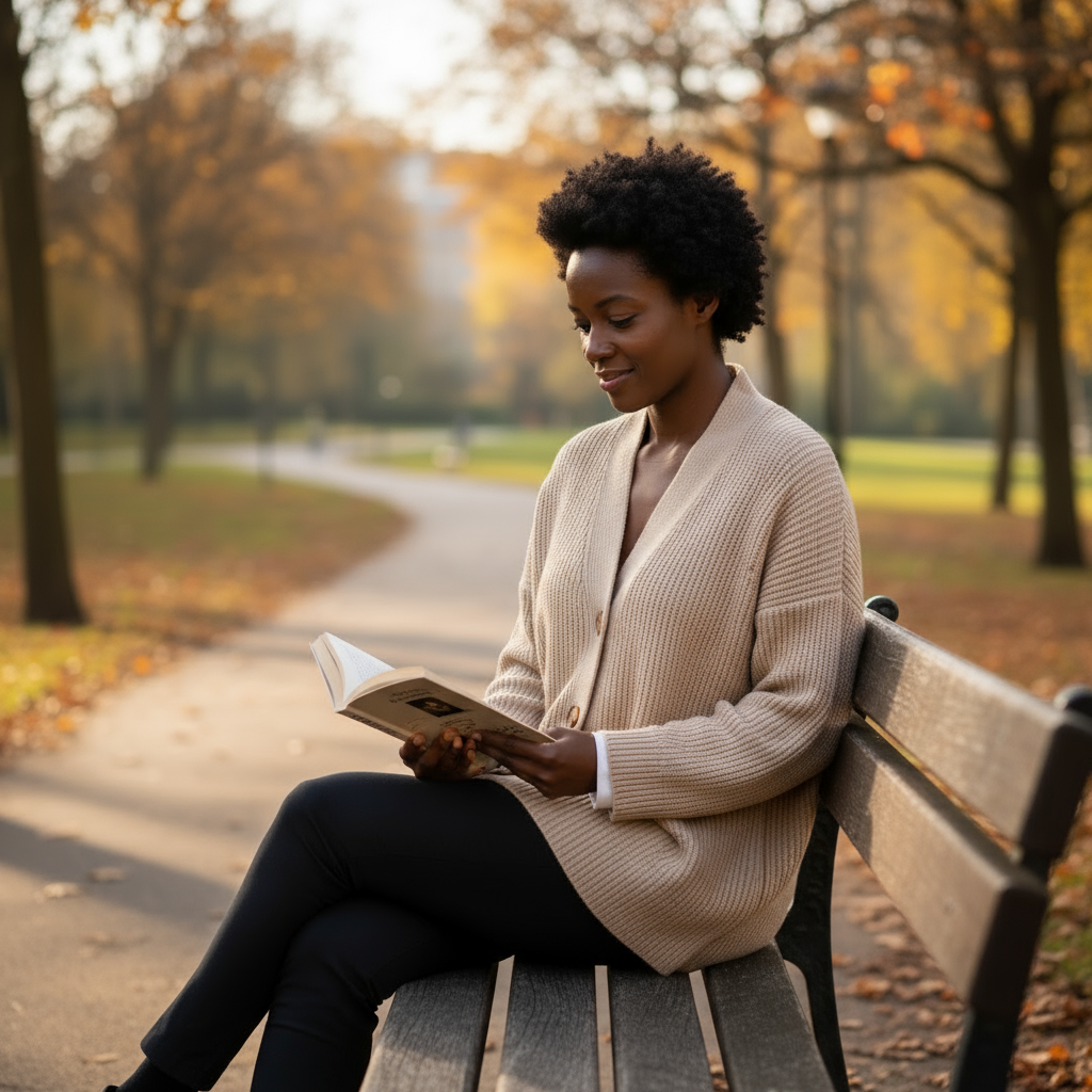 Woman reading a book on a bench in a park during autumn.