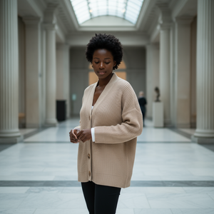 Woman wearing a beige cardigan in a large, open building with high ceilings.