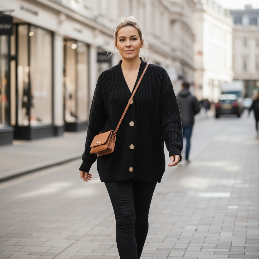 Woman walking on a city street wearing a black cardigan and carrying a brown bag.