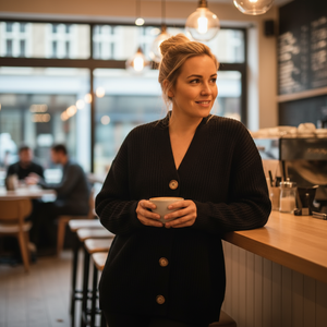 Woman holding a cup in a coffee shop
