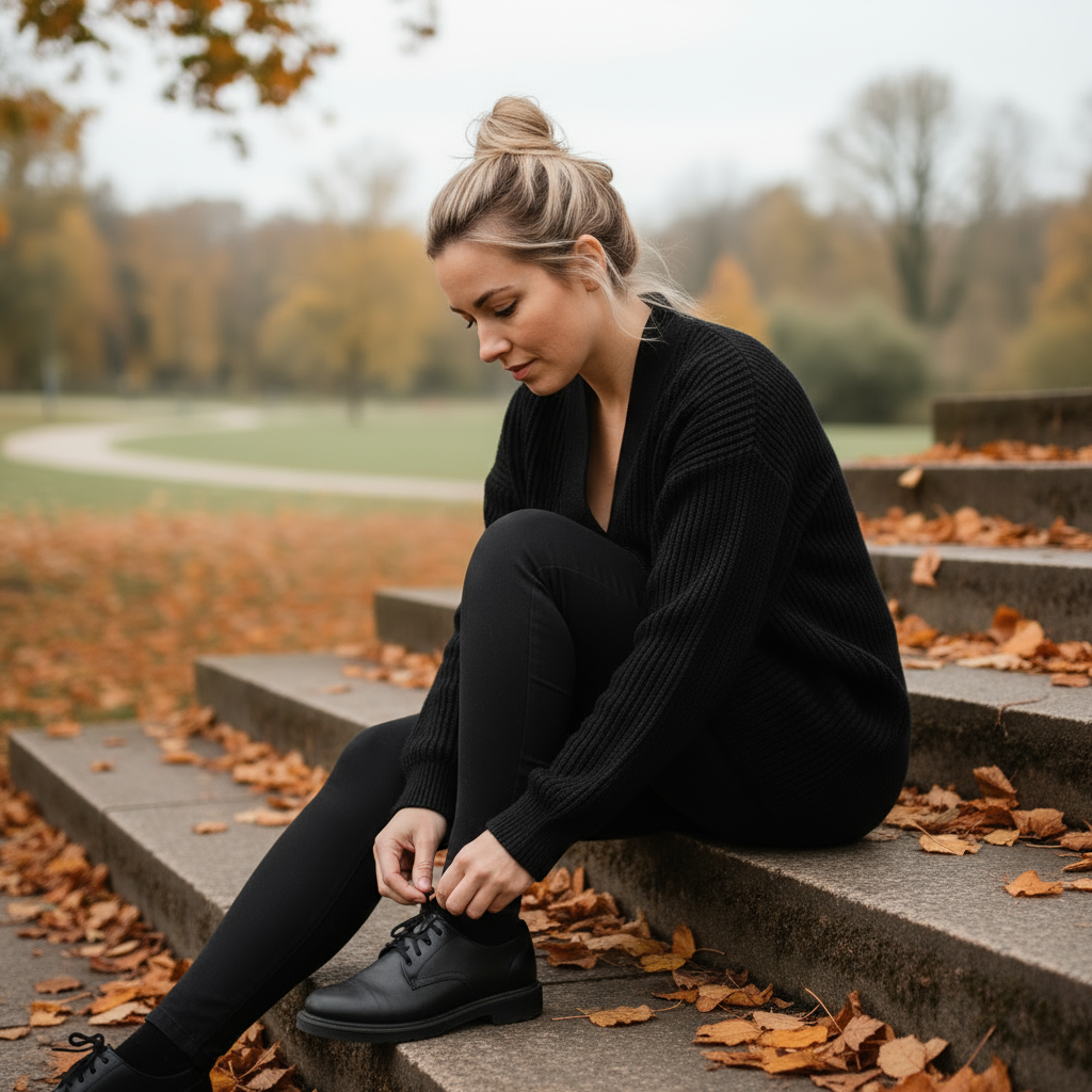 Woman sitting on steps in a park with autumn leaves, tying her shoes.