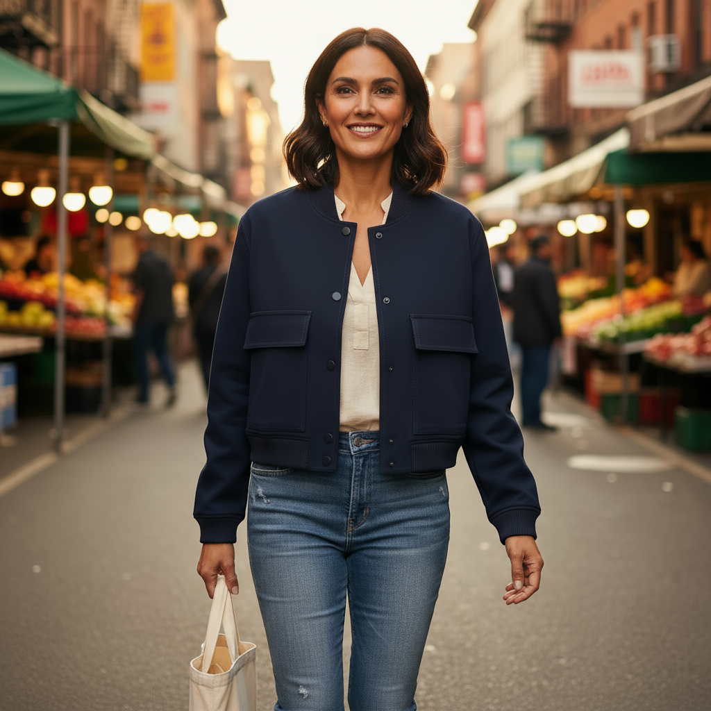 Woman in a navy jacket and jeans walking on a street with market stalls in the background
