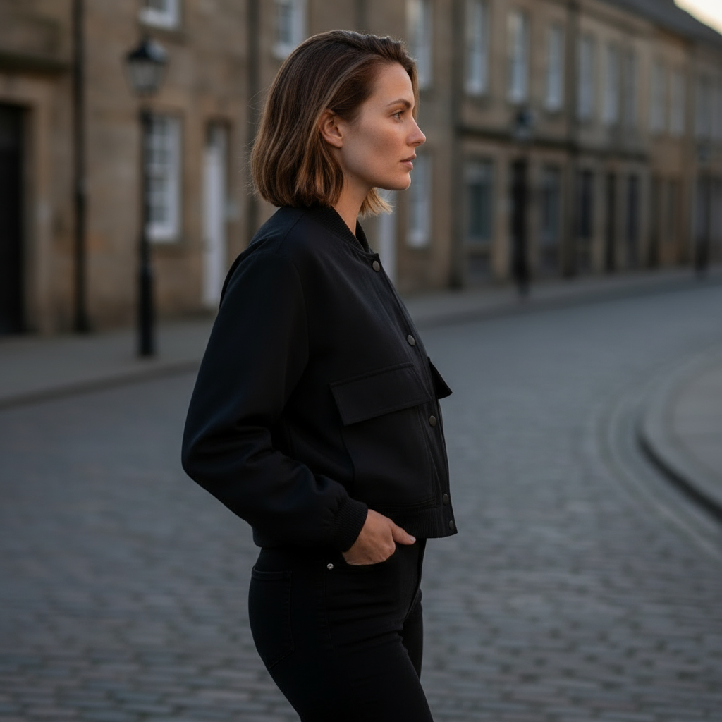 Woman in a black jacket standing on a street with buildings in the background