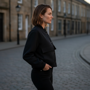 Woman in a black jacket standing on a street with buildings in the background