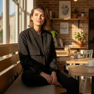 Woman sitting in a cozy cafe with warm lighting
