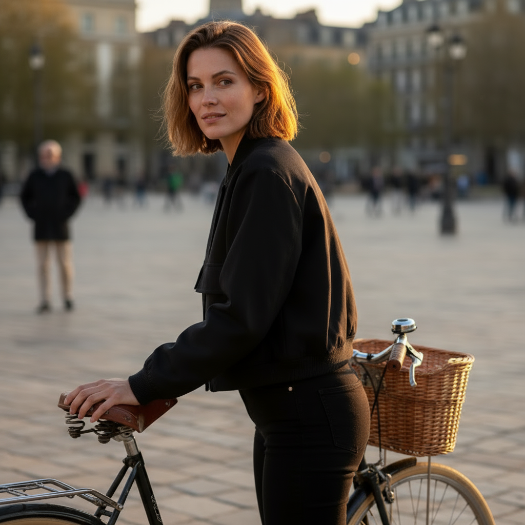 Woman standing next to a bicycle with a basket in an urban setting
