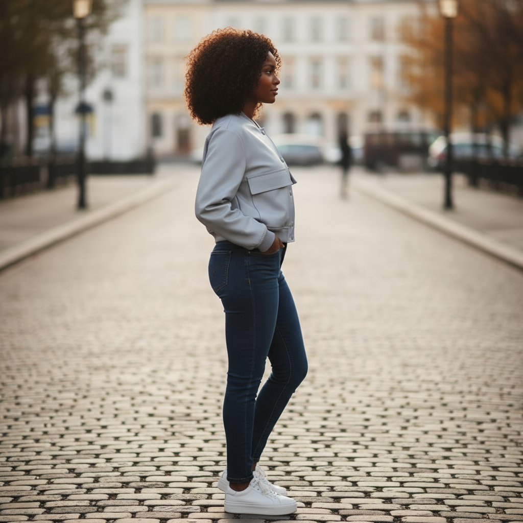 Woman walking on a cobblestone street in an urban setting