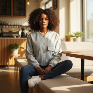Woman sitting in a cafe with sunlight streaming through the windows