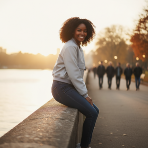 Woman sitting on a ledge by a waterfront with people walking in the background