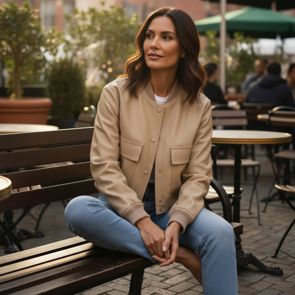 Woman sitting on a bench in an outdoor setting with tables and chairs.