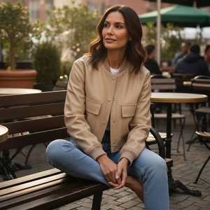 Woman sitting on a bench in an outdoor setting with tables and chairs.