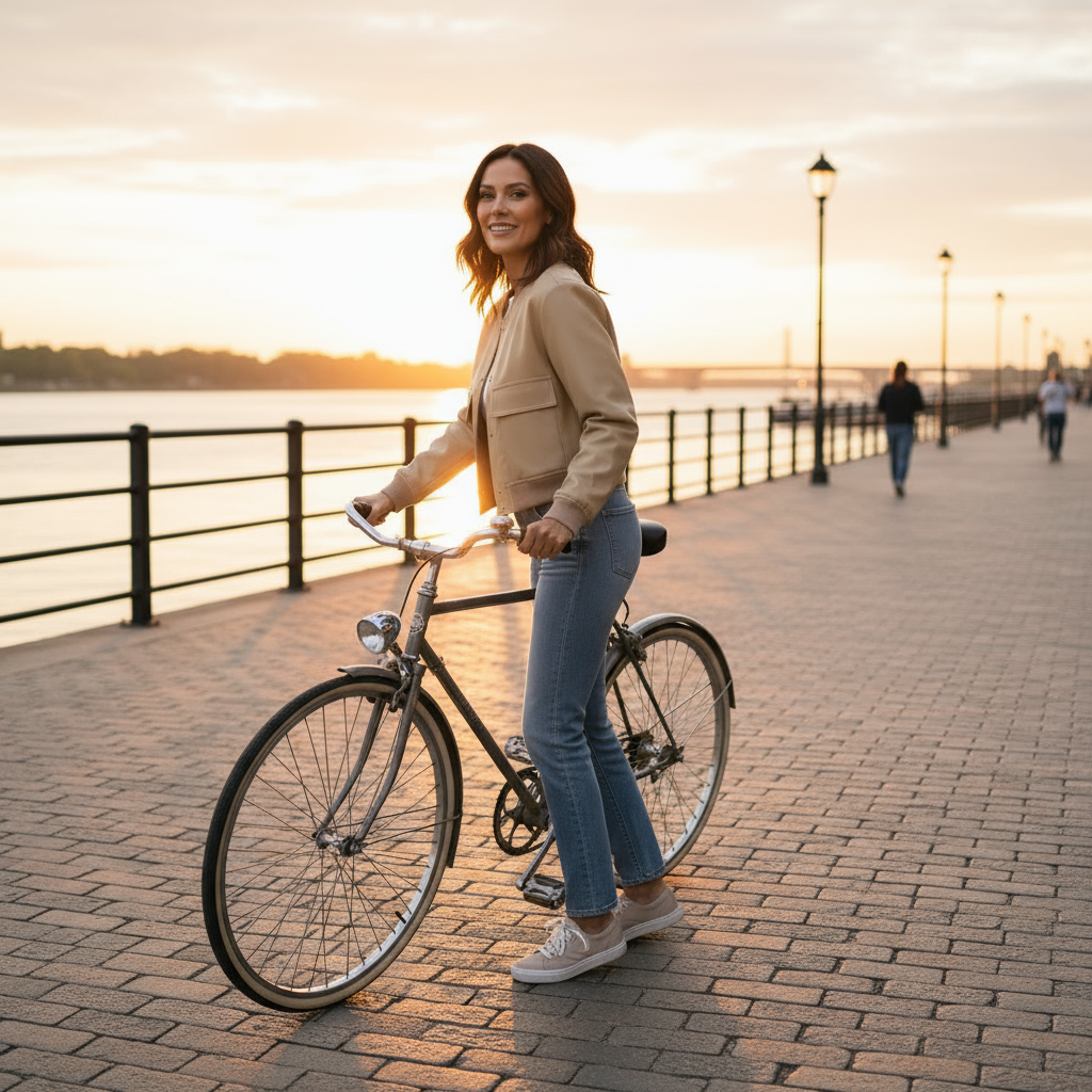 Woman standing next to a bicycle on a promenade at sunset