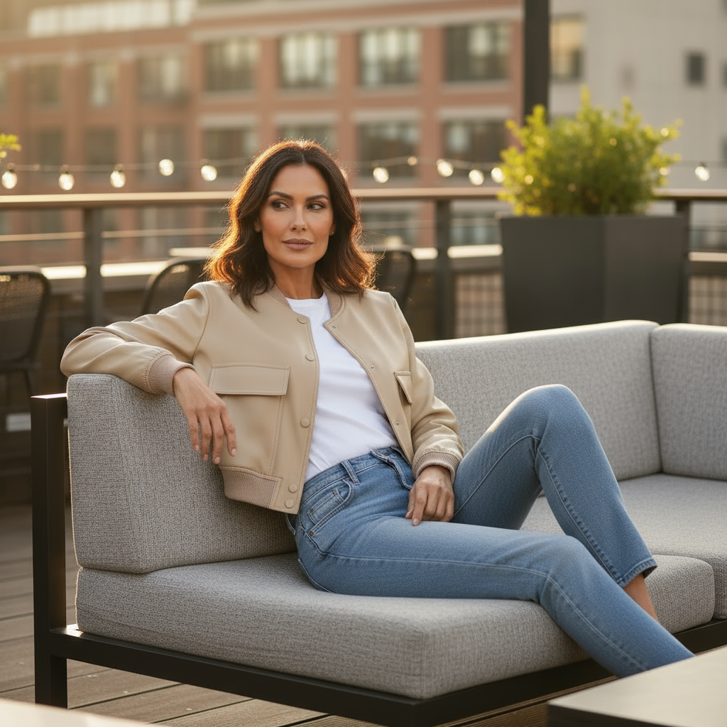 Woman sitting on a gray outdoor sofa with a cityscape background