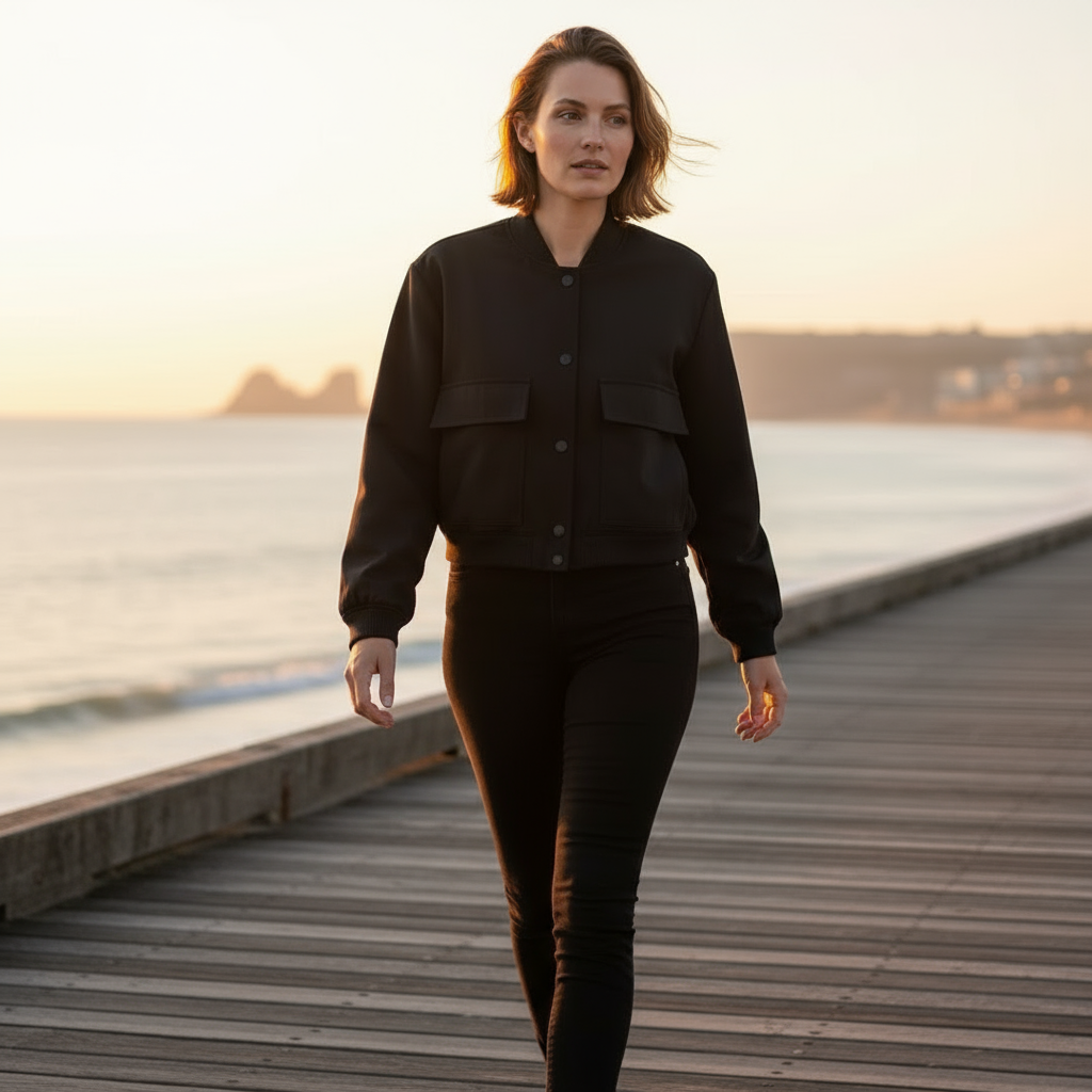 Woman walking on a wooden boardwalk by a body of water during sunset.