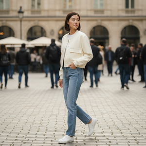 Woman walking on a cobblestone street in an urban setting