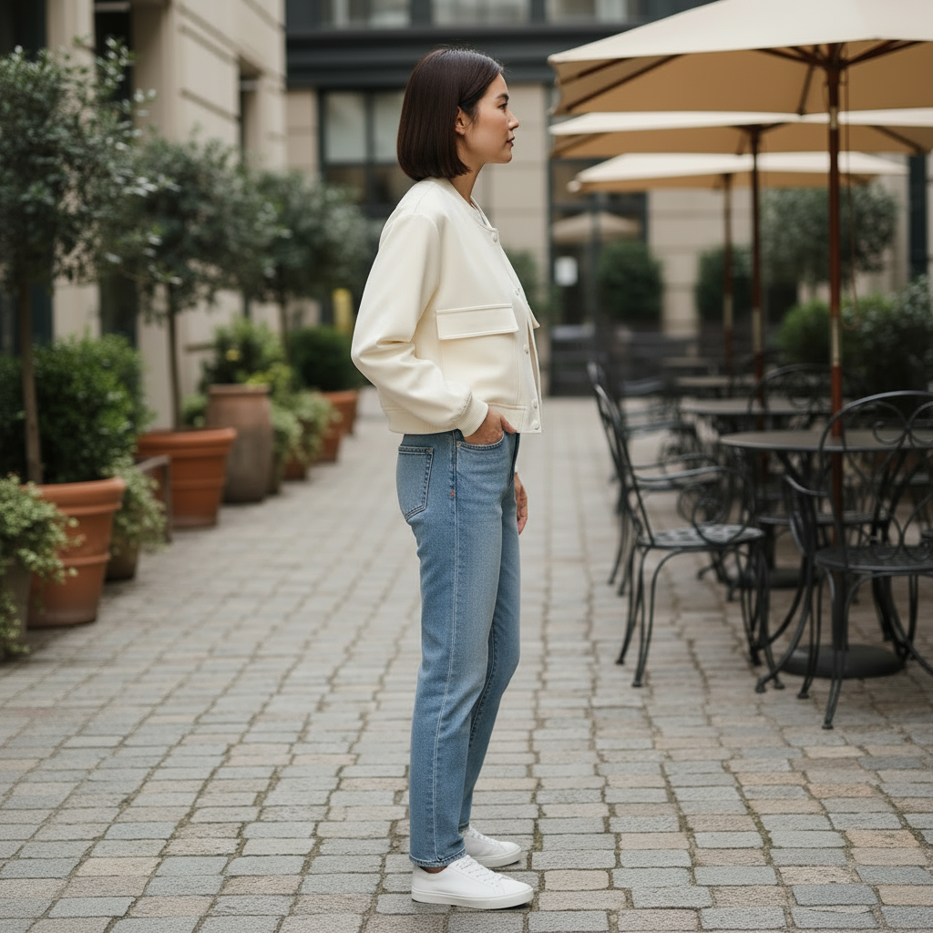 Woman in a cream jacket and blue jeans standing on a sidewalk with outdoor furniture and plants in the background.