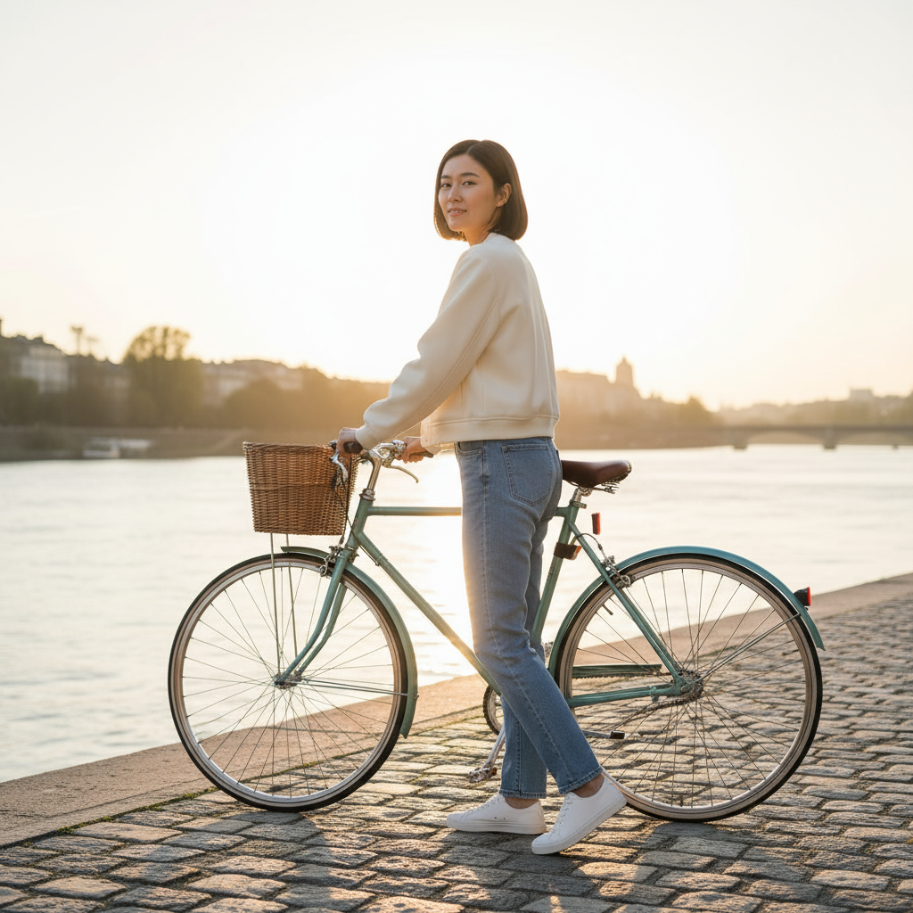 Woman standing next to a bicycle with a basket by a waterfront at sunset.
