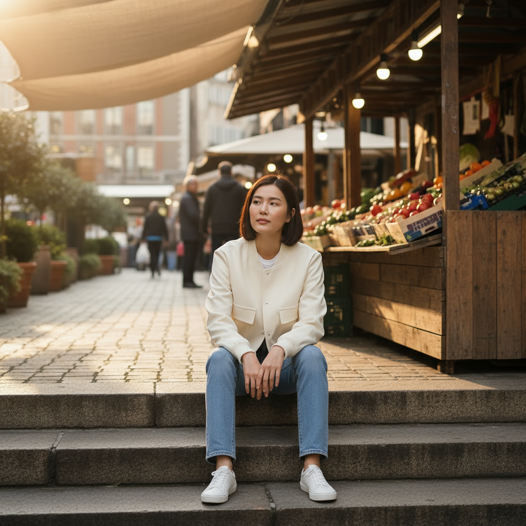 Woman sitting on steps in an outdoor market setting