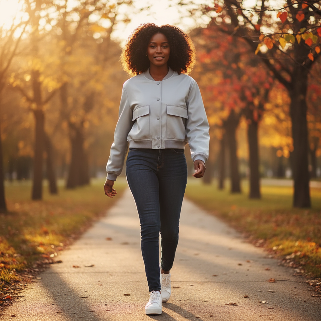Woman walking on a path in a park with autumn foliage