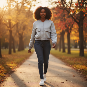 Woman walking on a path in a park with autumn foliage