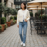 Woman walking outdoors in an urban setting with tables and chairs.