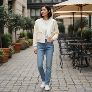 Woman walking outdoors in an urban setting with tables and chairs.