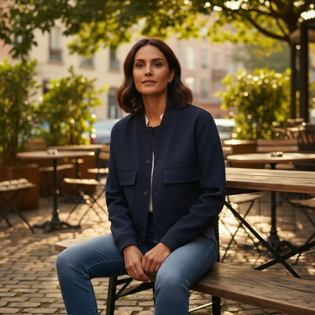 Woman sitting outdoors in a casual setting with trees and tables in the background