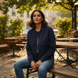 Woman sitting outdoors in a casual setting with trees and tables in the background