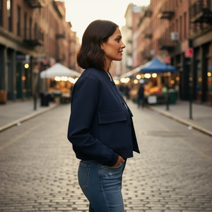 Woman in a navy jacket and jeans standing on a city street with blurred background