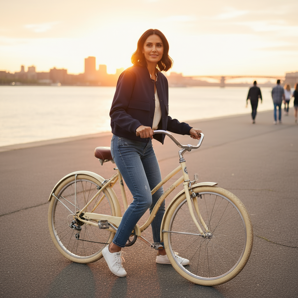 Woman with a bicycle by a waterfront at sunset