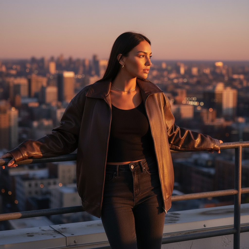 Woman standing on a rooftop with a cityscape view at sunset