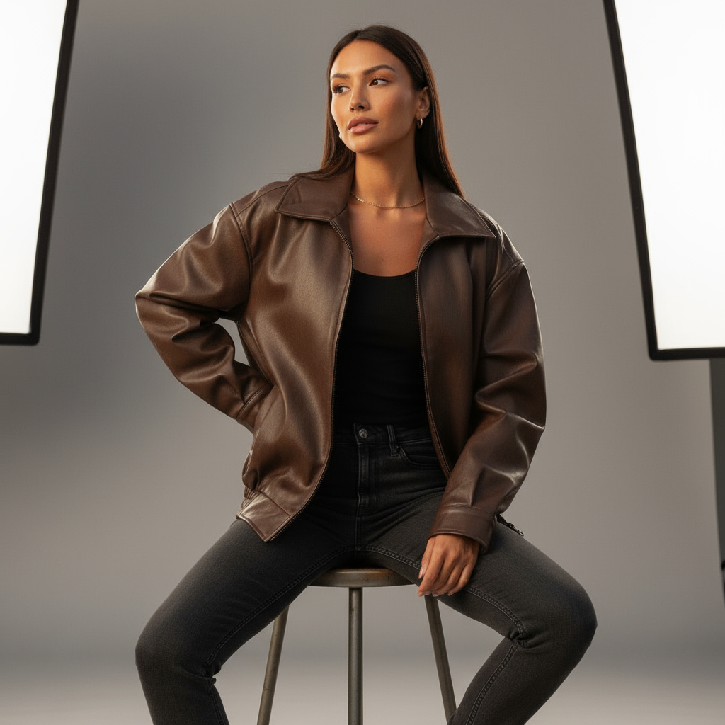 Woman wearing a brown leather jacket sitting on a stool against a neutral background