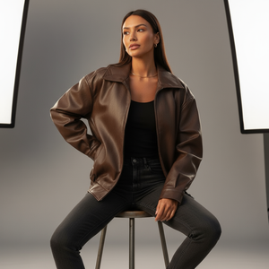 Woman wearing a brown leather jacket sitting on a stool against a neutral background