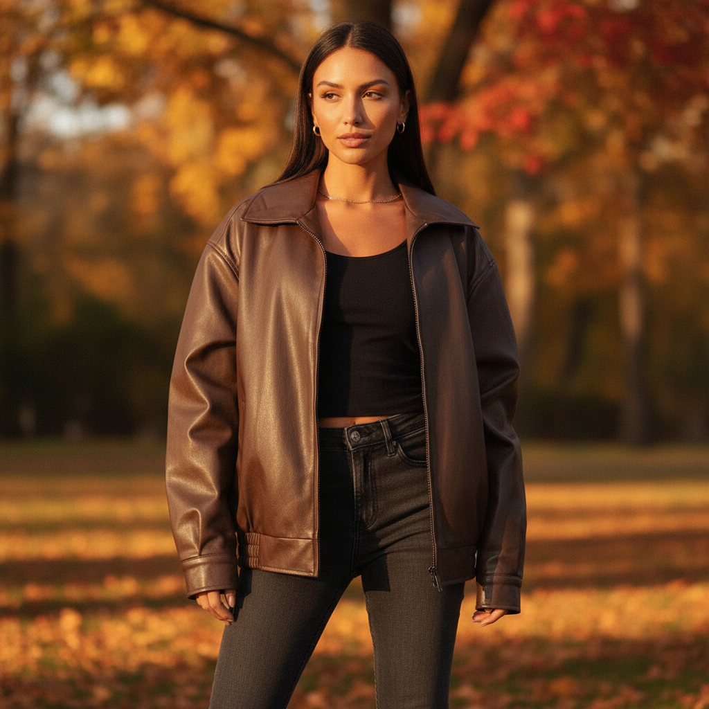 Woman wearing a brown leather jacket and black outfit standing in an autumn setting.