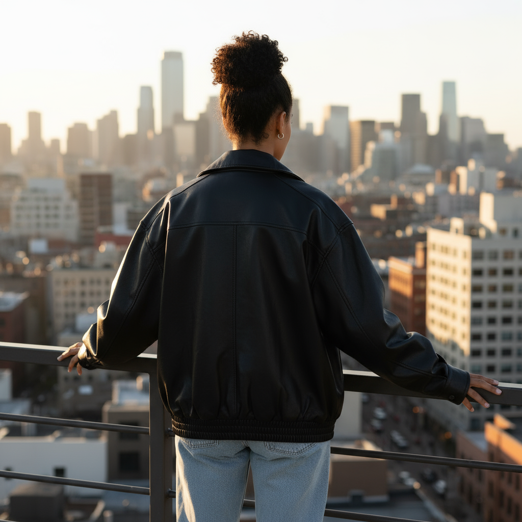 Person wearing a black jacket and light blue jeans standing on a balcony overlooking a cityscape.