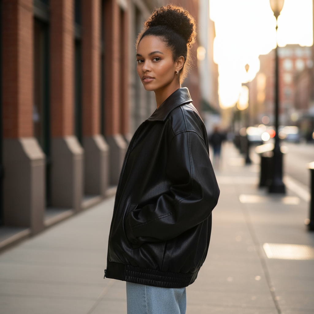 Woman in a black leather jacket standing on a city street at sunset.