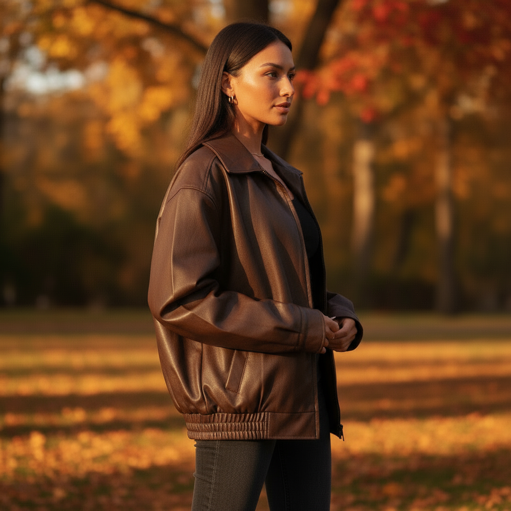 Woman wearing a brown leather jacket standing in an autumn field with trees in the background.