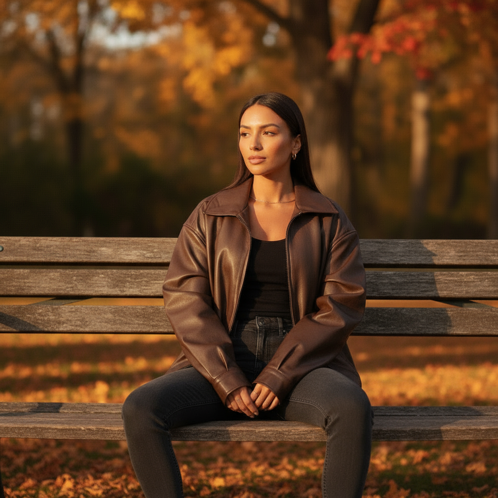 Woman sitting on a wooden bench in an autumn park