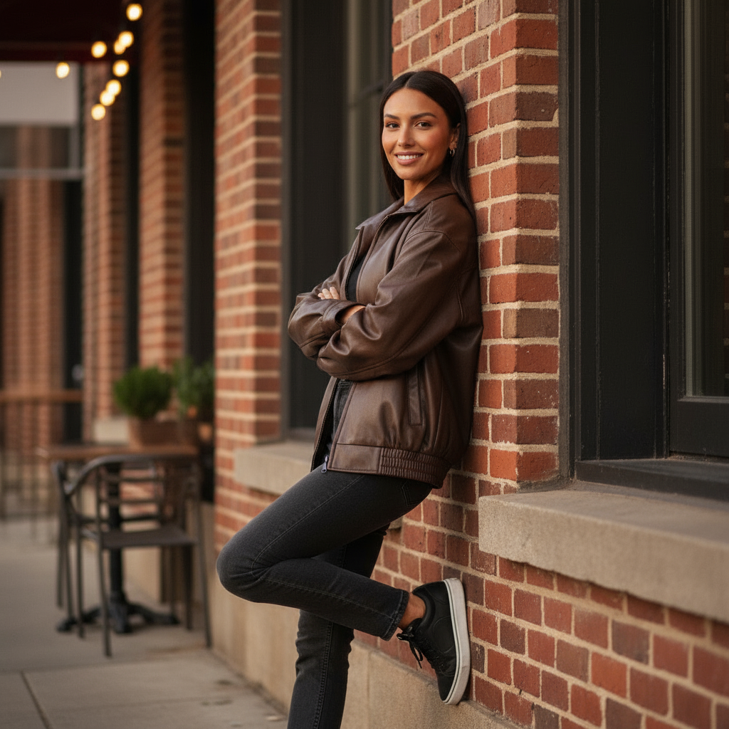 Woman leaning against a brick wall with outdoor furniture in the background