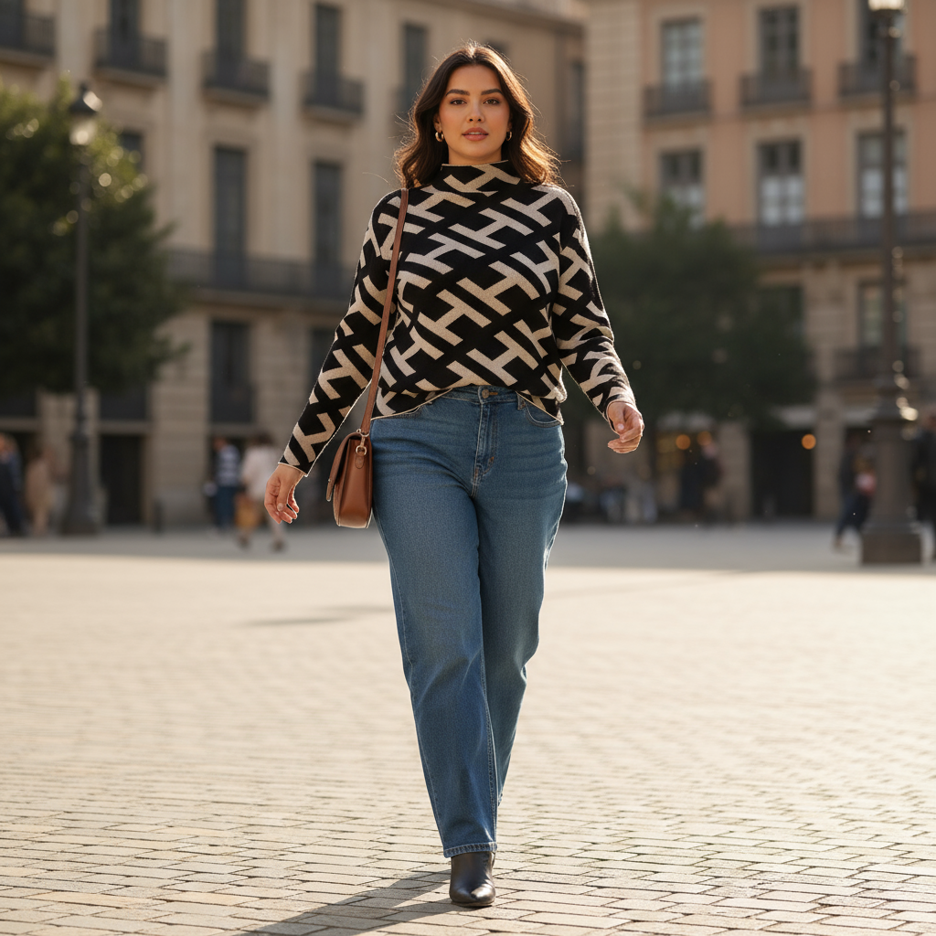 Woman walking on a cobblestone street wearing a patterned sweater and blue jeans.