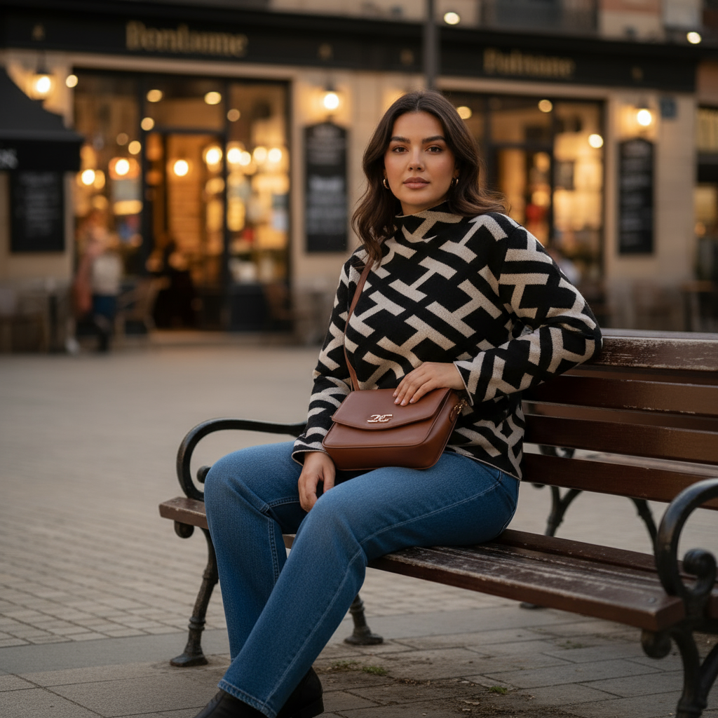 Woman sitting on a bench in an urban setting holding a brown handbag.