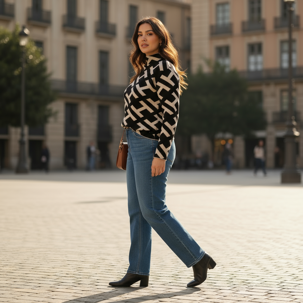 Woman in a geometric patterned top and blue jeans standing on a paved square with buildings in the background.
