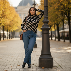 Woman in a black and white patterned sweater and blue jeans standing next to a lamp post on a tree-lined street.