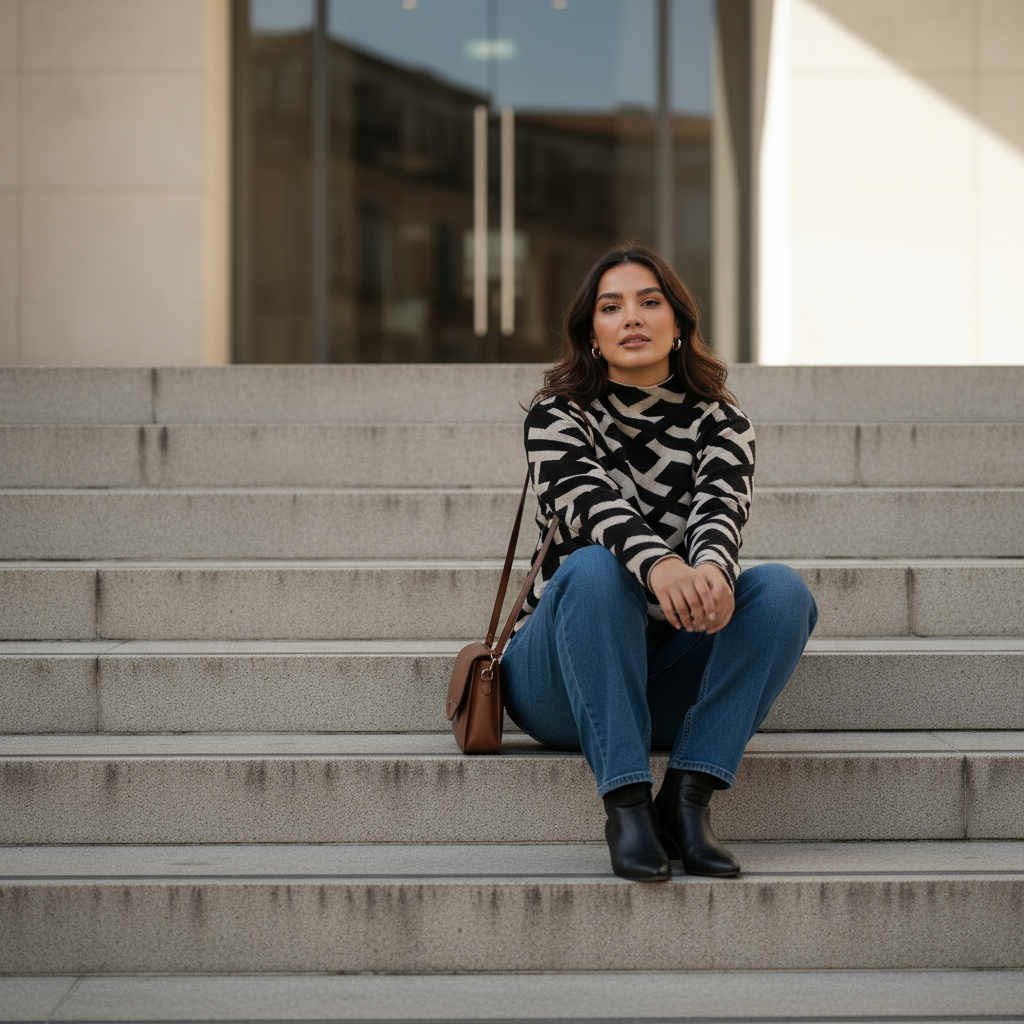 Woman sitting on steps wearing a black and white striped sweater and blue jeans.
