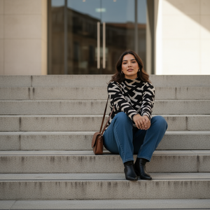Woman sitting on steps wearing a black and white striped sweater and blue jeans.