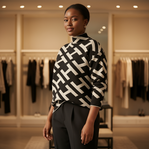 Woman wearing a black and white patterned sweater in a clothing store.