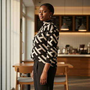 Woman wearing a black and white patterned sweater in a modern cafe setting