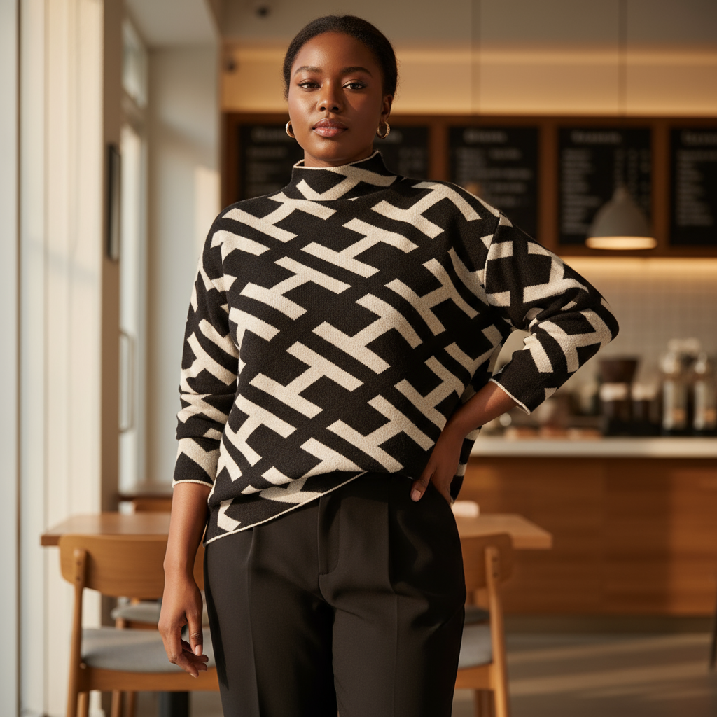 Woman wearing a black and white patterned sweater in a cafe setting